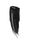 A bold black mascara swatch with glossy finish and textured streaks.