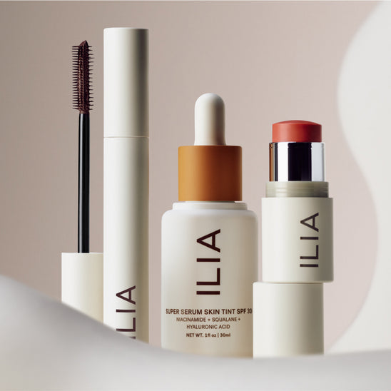 An Array of ILIA bestsellers including their Limitless Lash Mascara, Multi-Stick, and Super Serum Skin Tint SPF 30.
