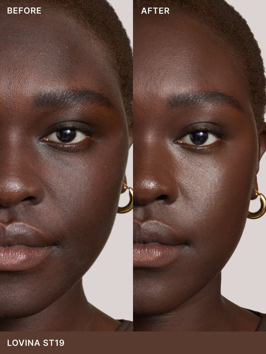Image of Super Serum Skin Tint bottle next to the dropper applicator. Image includes seals for Allure Best of Beauty Award, Byrdie Eco Beauty Award, and the 1% for the Planet Member